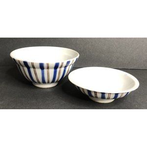 Japanese lidded Rice / Soup Bowl Set Striped Blue Brown
